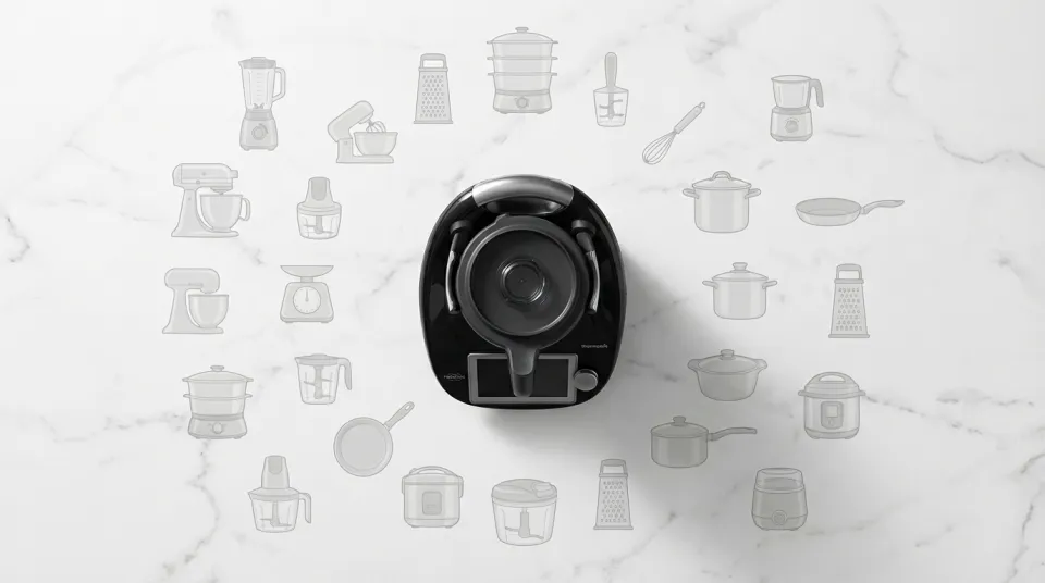 Thermomix TM7’nin yerini aldığı mutfak aletlerinin çizimlerle gösterildiği üstten görünüm