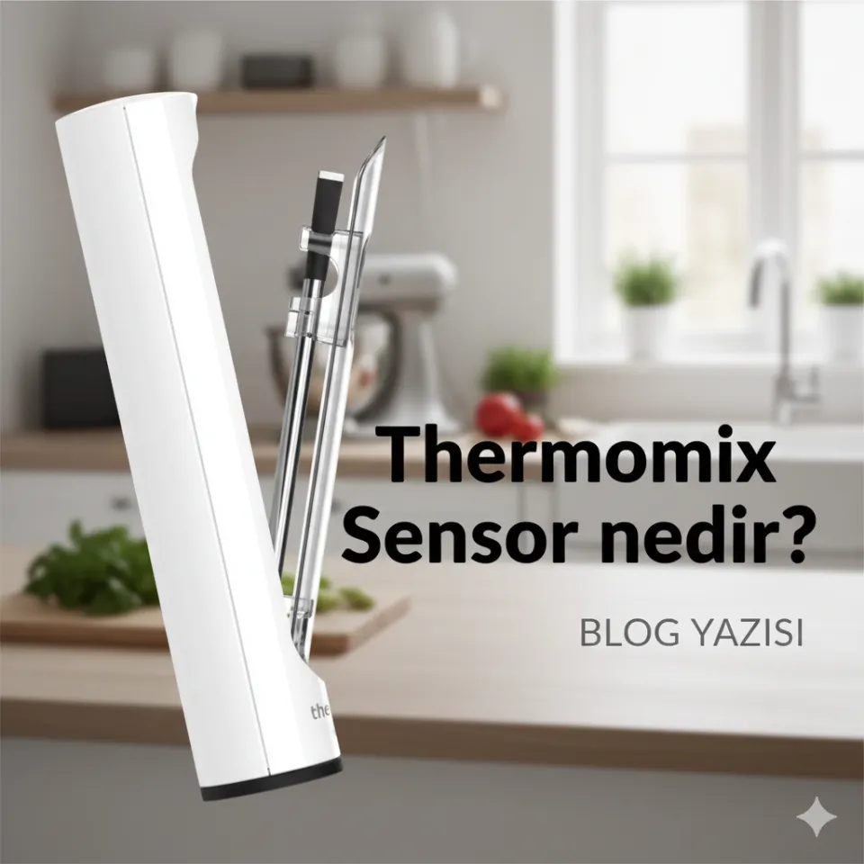 Beyaz sensör aksesuarı ve mutfak arka planı, “Thermomix Sensor nedir?” başlıklı görsel