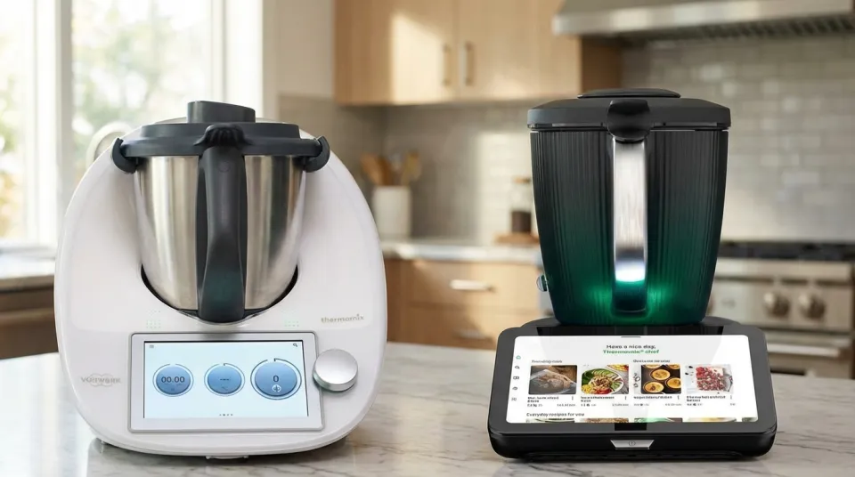 Beyaz Thermomix TM6 ve siyah Thermomix TM7 yan yana mutfak tezgâhında