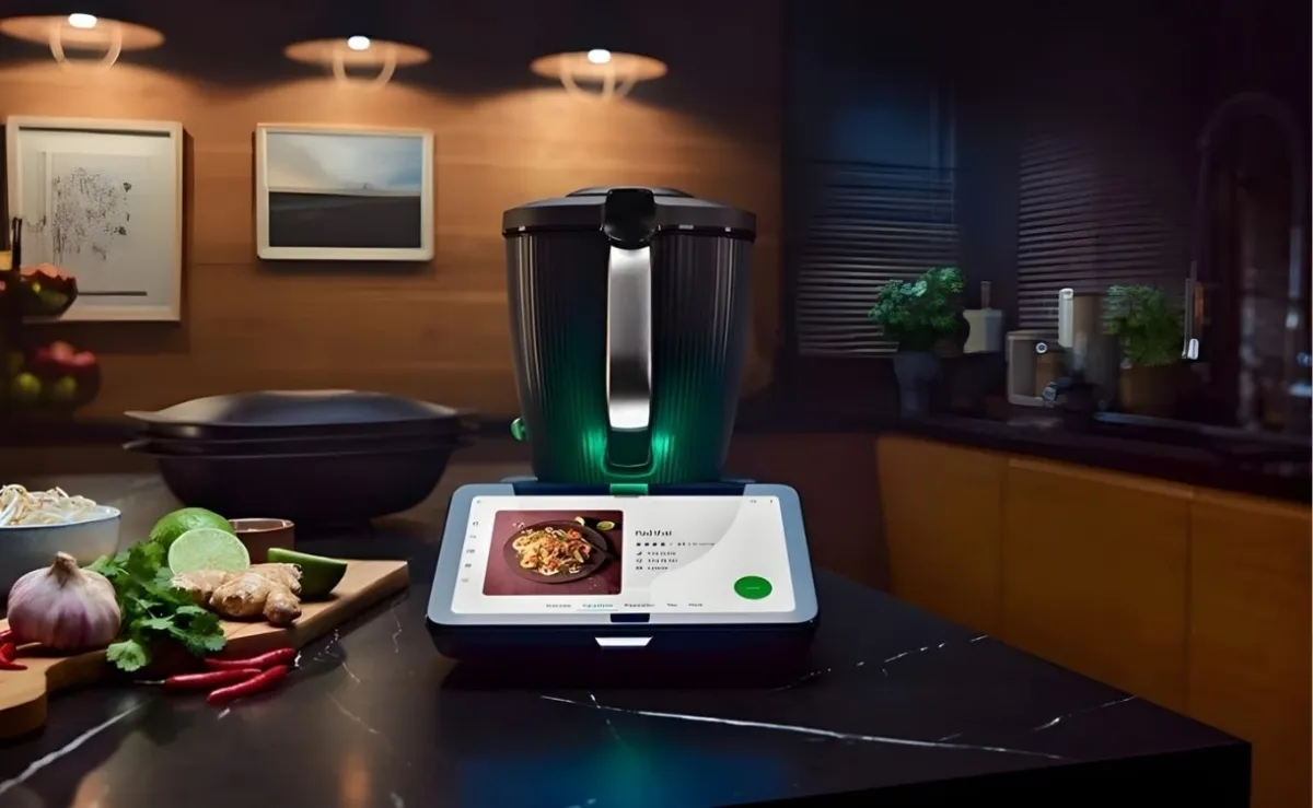 Koyu tonlu mutfakta Thermomix TM7 ve taze malzemeler